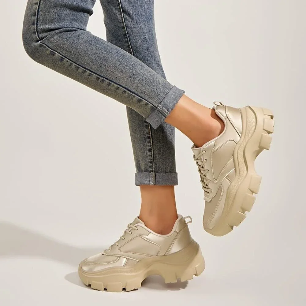 Women Rose Gold Platform Fuchsia Hologram Casual Lace-Up Sneakers